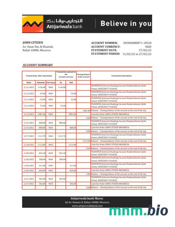 Szablon wyciągu bankowego Czarnogóry NLB w programie Word i PDF